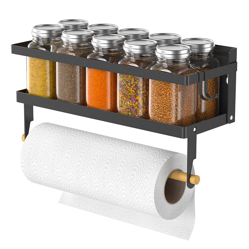 Wall Mounted Foldable Refrigerator Magnetic Spice Holder Seasoning Organizer Hanging with Paper Towel Holder Roll and Hooks