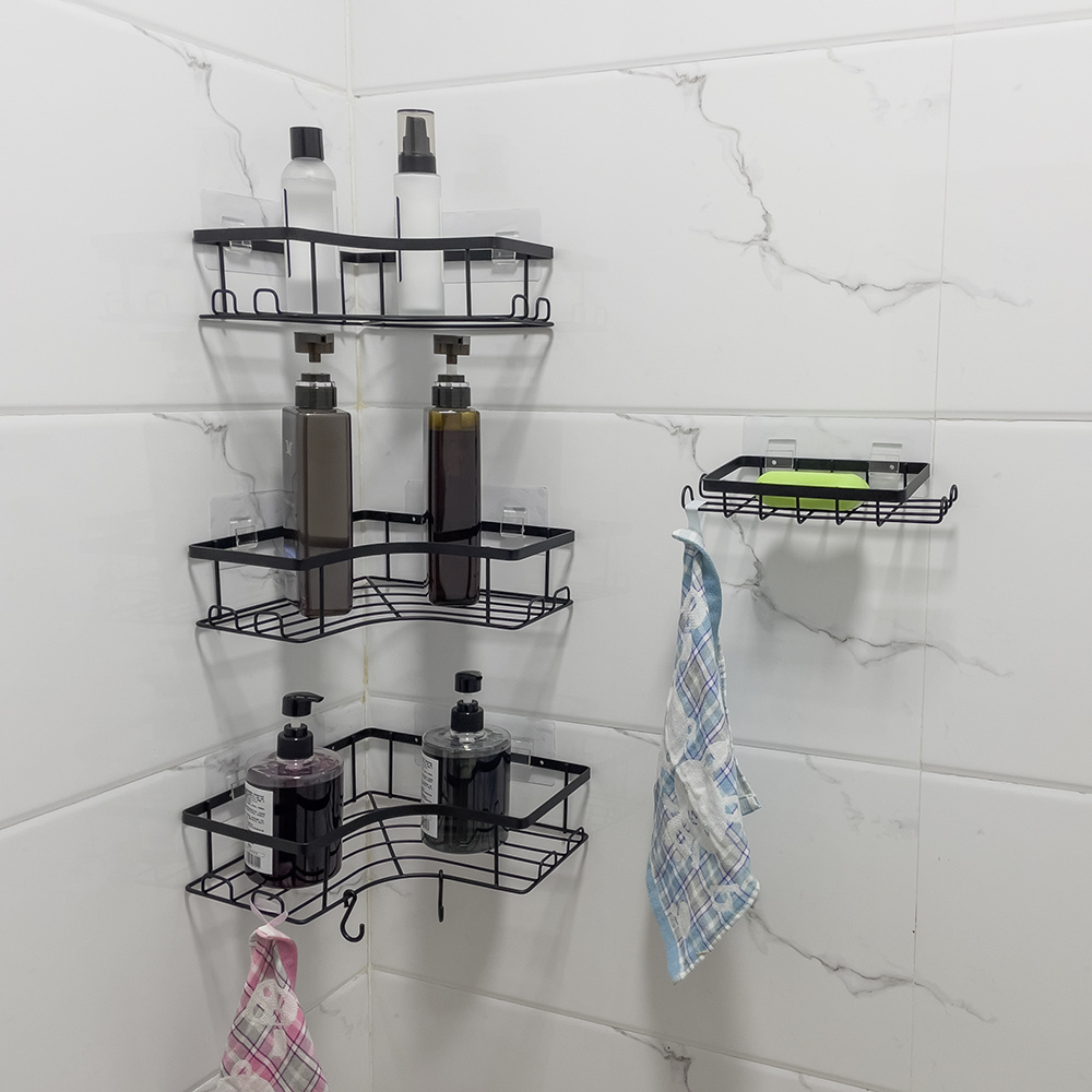 SUS304 Corner Shower Caddy Shelves 3 Pack with 6 Extra Hooks and 1 Soap Holder Wall Mount Bathroom