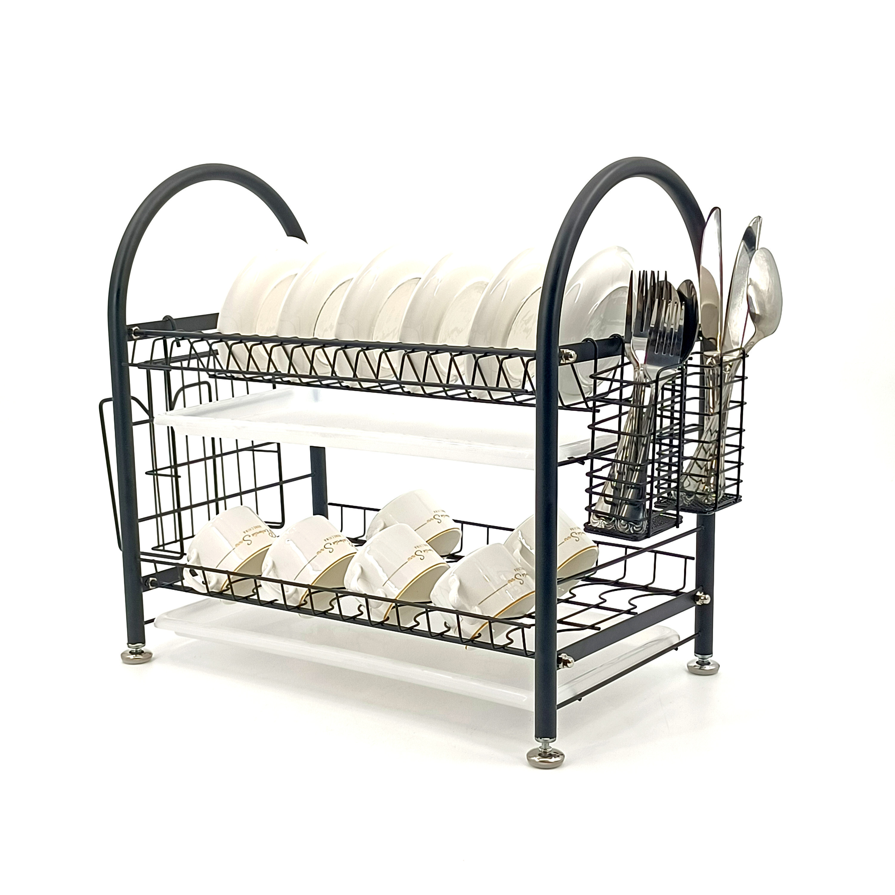 Stainless Steel 2 Tier Detachable Dish Rack with Utensil Holder for Kitchen Counter Top Large Dish Drainer Shelf with Water Tray