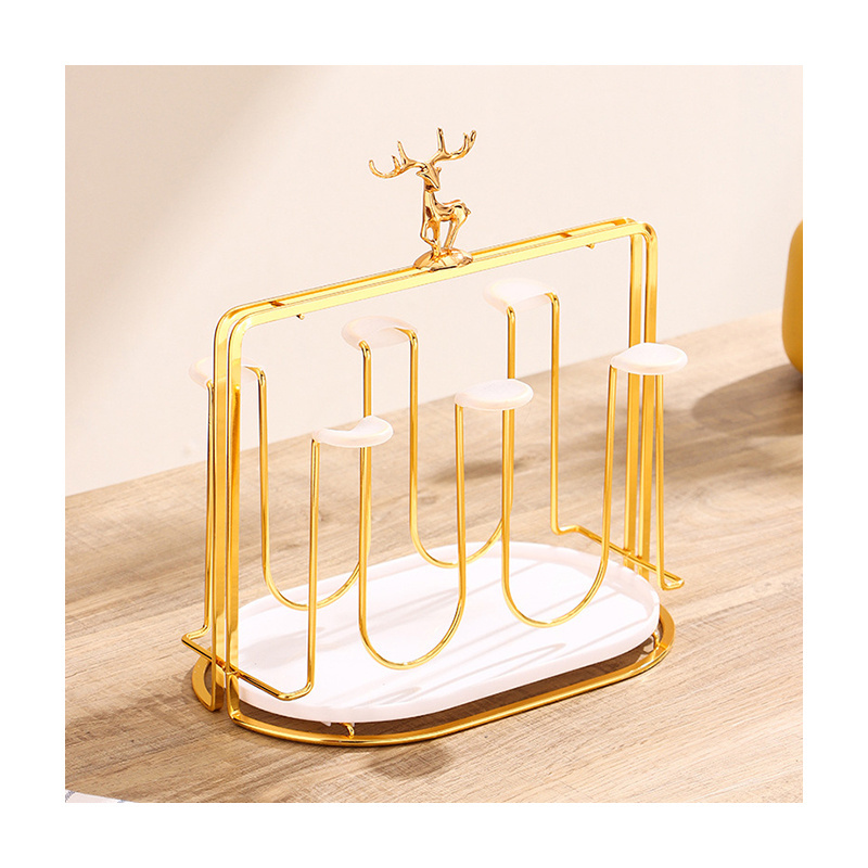 Portable Nordic Luxury Gold Tea Cup Organizer Hanger Wine Glass Holder Free Standing For Table With 6 Hooks