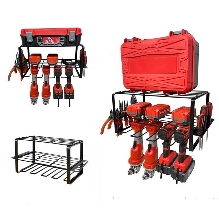 Heavy Duty 2 Tier Metal Power Tool Storage Organizer Drill Holder for Garage Organization Wall Mount Tool Shelf