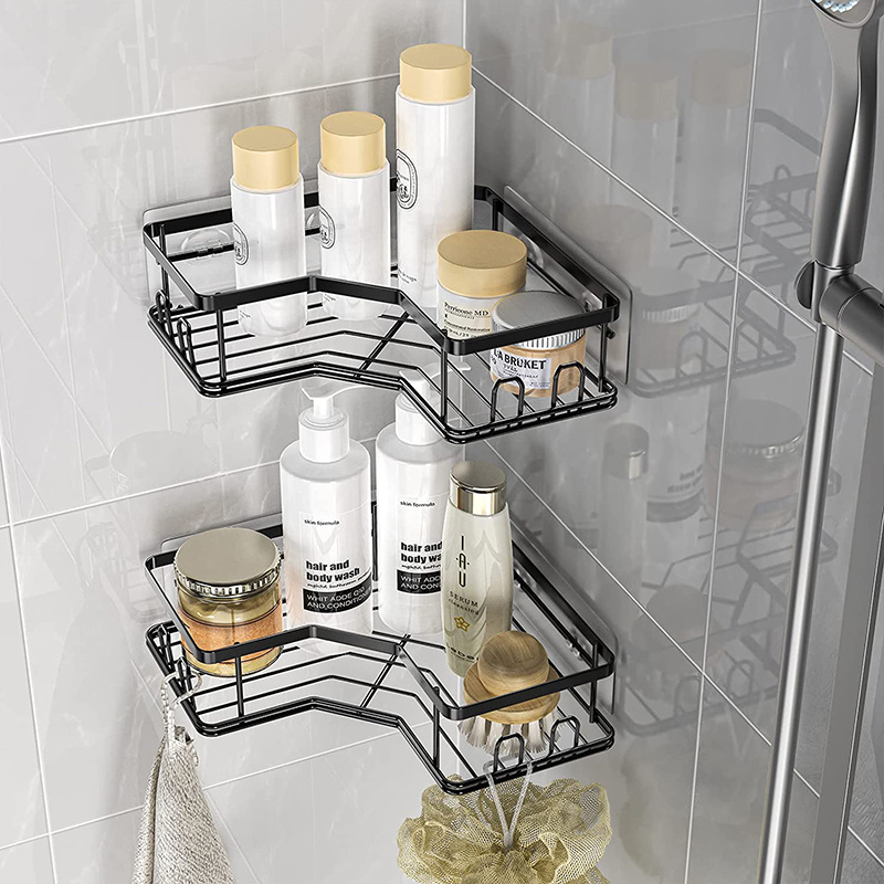 Best selling items 2pack adhesive corner shower caddy shelf black stainless steel adhesive shower shelf