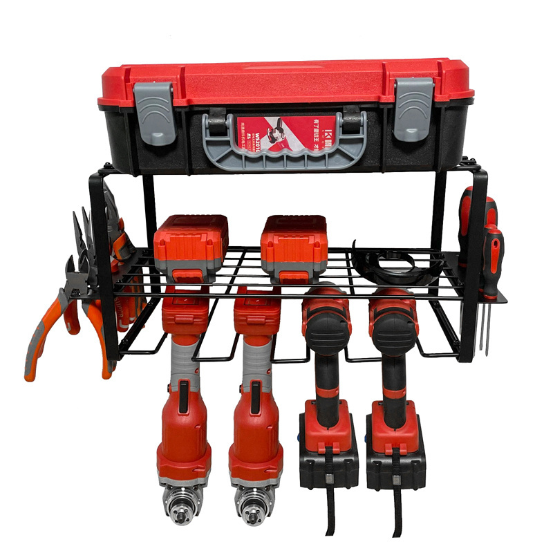 Heavy Duty 2 Tier Metal Power Tool Storage Organizer Drill Holder for Garage Organization Wall Mount Tool Shelf