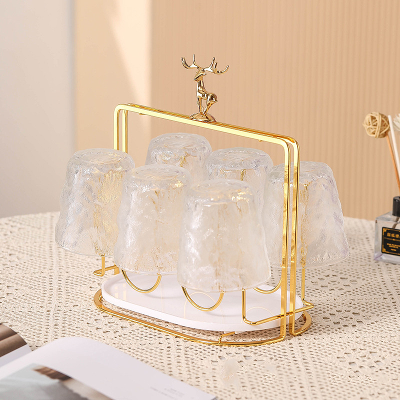 Portable Nordic Luxury Gold Tea Cup Organizer Hanger Wine Glass Holder Free Standing For Table With 6 Hooks