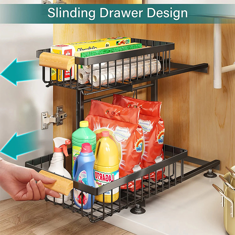 2023 New 2 Tier Kitchen Under The Sink Rack Cabinet Storage Rack Kitchen Sliding Pull Out Basket Organizers And Storage Drawer