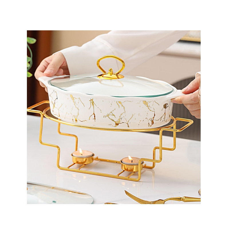 2 Quart Ceramic Marble Finish Hotpot Hot Food Display Warmers Buffet Chafing Dish with Visible Glass Lid for Restaurant Home