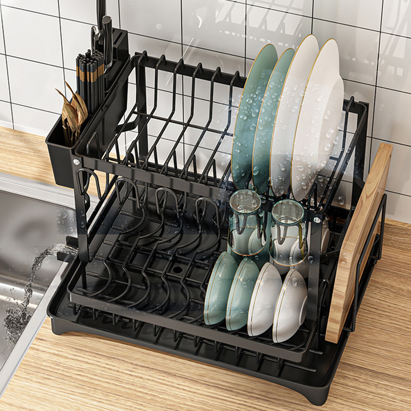 2 Tier Multifunctional Rustproof Kitchen Dish Drainer Rack Dishes Drying Rack Holder with Drainboard and Utensil Holder