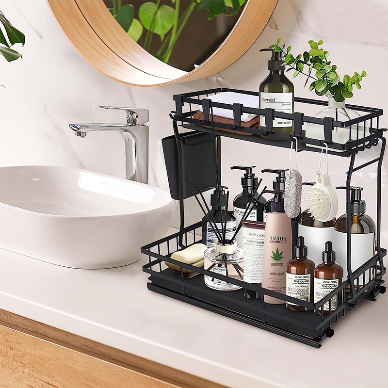 Promotional Double Tier L Shape Pull Out Under Sink Cabinet Sliding Out Shelves Cabinet Narrow Basket Kitchen Organizer