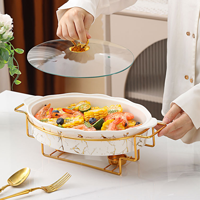 Ceramic Bakeware Factory Price Hot Pot Buffet Food Warmer Chafing Dish Buffet Set Luxury Gold Casseroles Hotpot Food Warmer