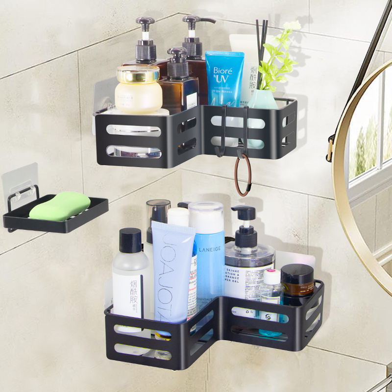 Carbon Steel 3Pcs Pack Self Adhesive Corner Shower Caddy Wall Shelves With Soap Holder Multifunction