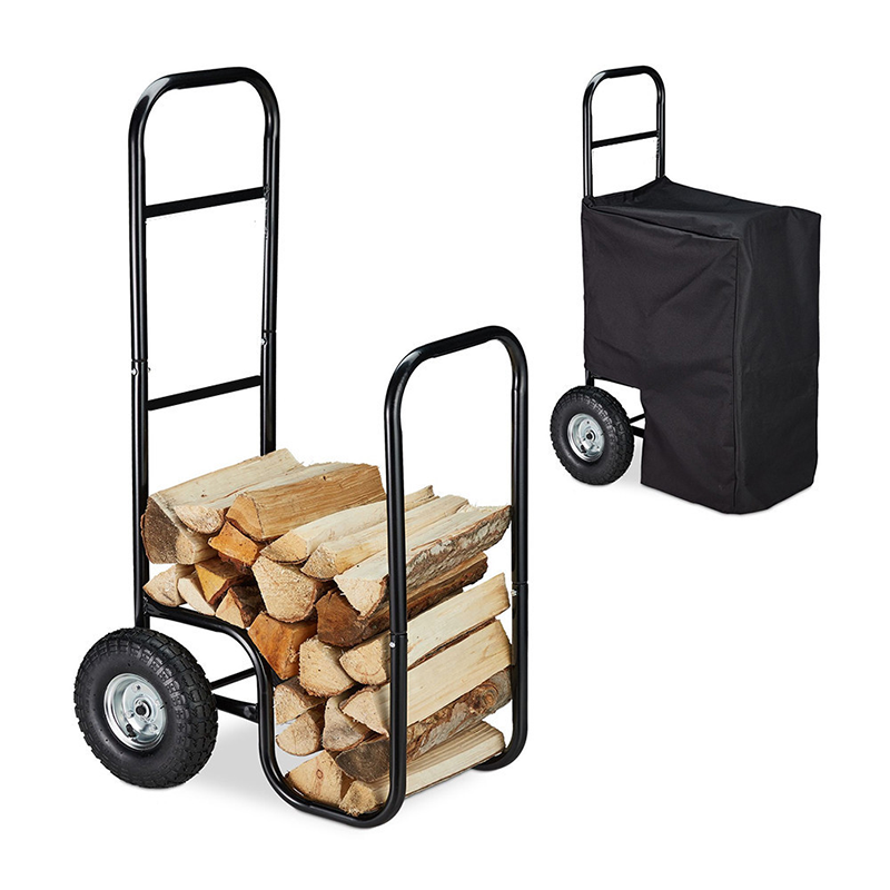 Heavy Duty Corten Steel Firewood Log Cart Storage Rack With Wheels Outdoor Indoor Multifunction