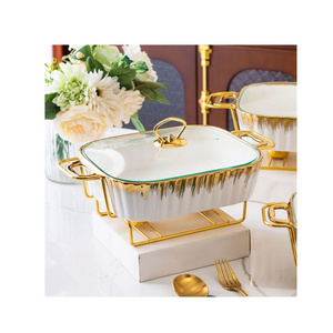 2024 New Arrival Design Ceramic Hot Food Display Warmer Chafing Dish Buffet Set Luxury Gold Food Warmer Set for Party