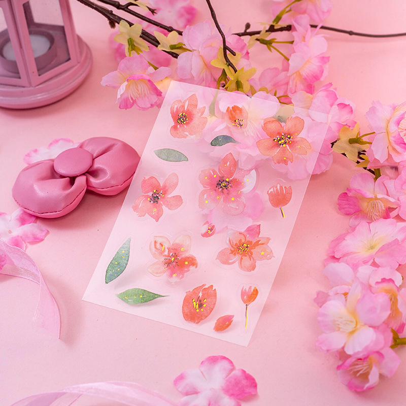 2pieces/pack Pet Gold Foil Stickers Cherry Blossom Journey Series Fresh Flowers Journal Material Decorative Sticker 8 Models