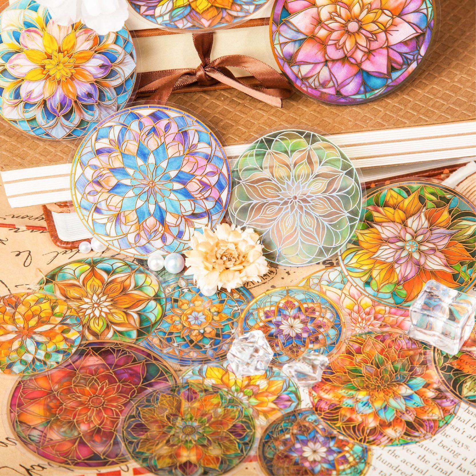 12 sheets/pack of stickers, including 4 retro DIY decorative stickers in the glass mandala series