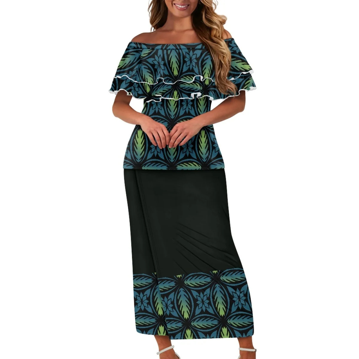 Summer Island Dresses for Women Puletasi Samoan Loose Dress Off-Shoulder Ruffle Style 2PCS Polynesian Tribal Clothing Wholesale