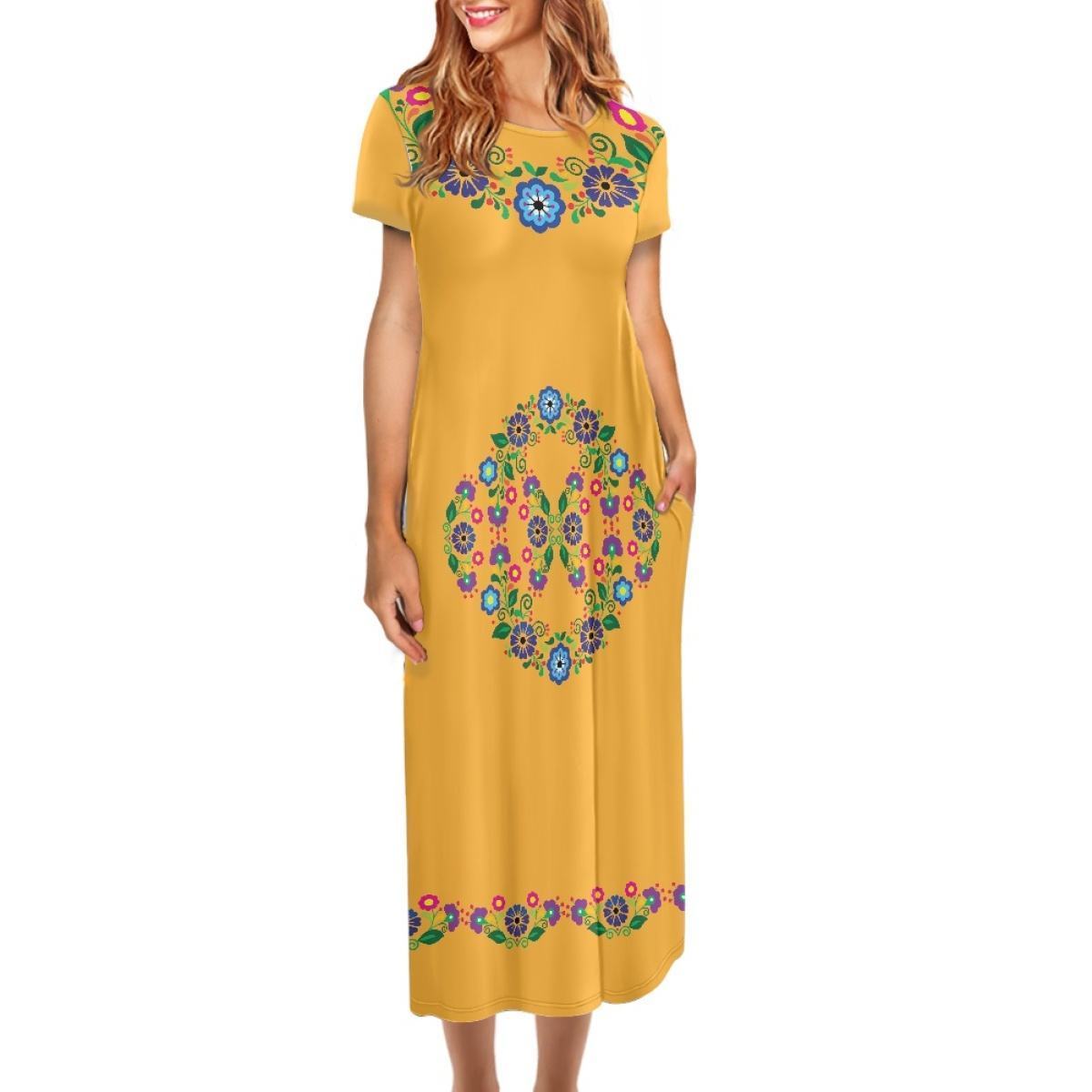 Women's Clothing Customized Mexican Ethnic Tribal Floral Vector Pattern Print Dress Round Neck Short Sleeve Long Dress Wholesale