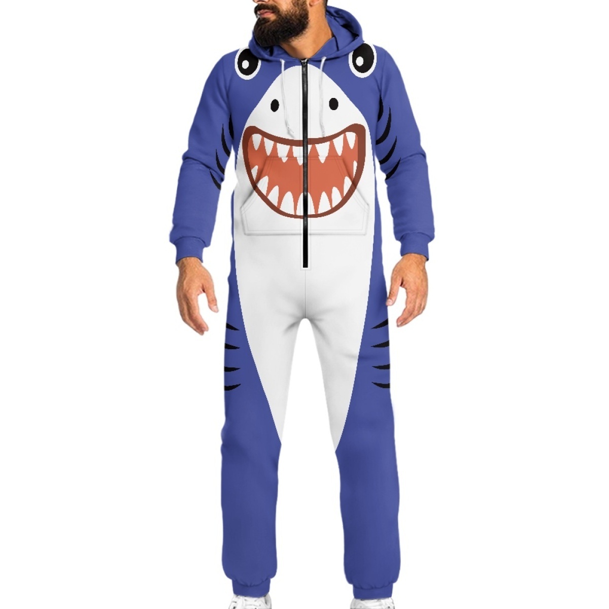 Cartoon Animal Shark Panda Print Cute Jumpsuit for Women Men Home Casual Sleep Clothing Customized Long Sleeve Zipper Jumpsuit