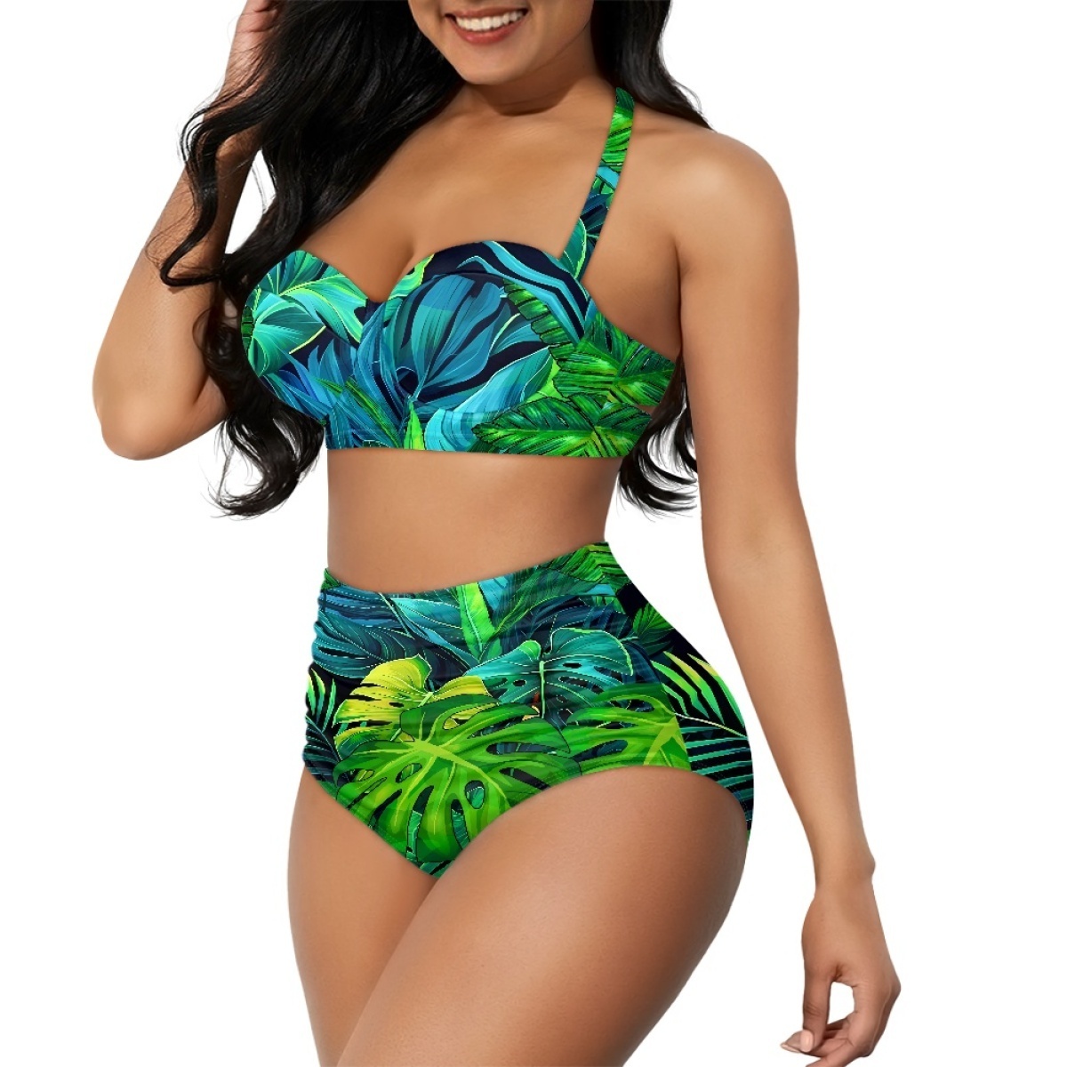 Drop Shipping Spaghetti Straps Swimwear Women Sexy Bikini Polynesian Tribal Clothing Monstera Print Custom High Waist Beachwear