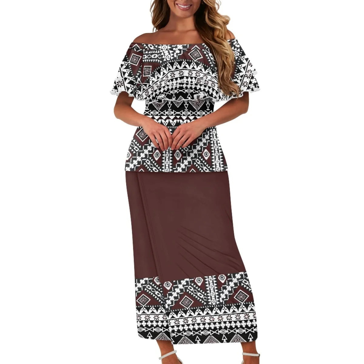 Summer Island Dresses for Women Puletasi Samoan Loose Dress Off-Shoulder Ruffle Style 2PCS Polynesian Tribal Clothing Wholesale