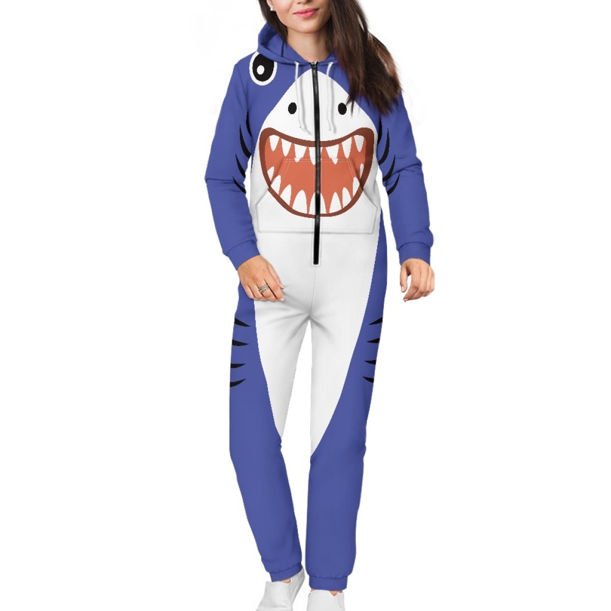 Cartoon Animal Shark Panda Print Cute Jumpsuit for Women Men Home Casual Sleep Clothing Customized Long Sleeve Zipper Jumpsuit