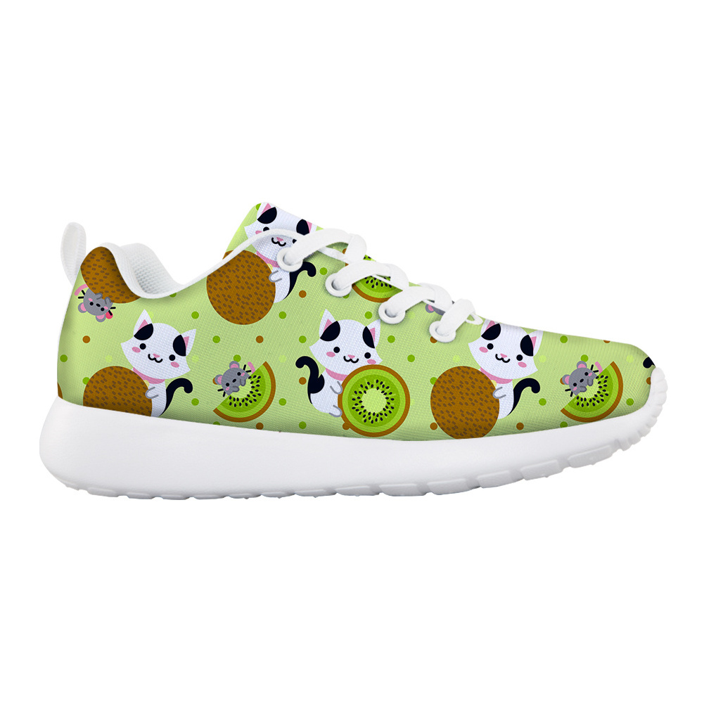 Cartoon Cat Fruit Print Mesh Sneakers for Kids Outdoor Travel Comfortable Breathable Sports Shoes Classic Lace Up Running Shoes