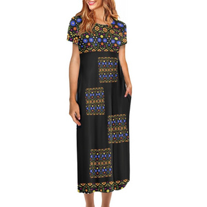 Women's Clothing Customized Mexican Ethnic Tribal Floral Vector Pattern Print Dress Round Neck Short Sleeve Long Dress Wholesale