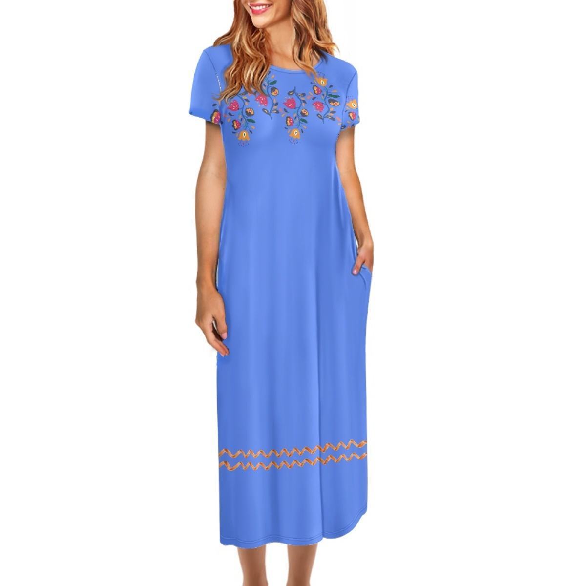 Women's Clothing Customized Mexican Ethnic Tribal Floral Vector Pattern Print Dress Round Neck Short Sleeve Long Dress Wholesale