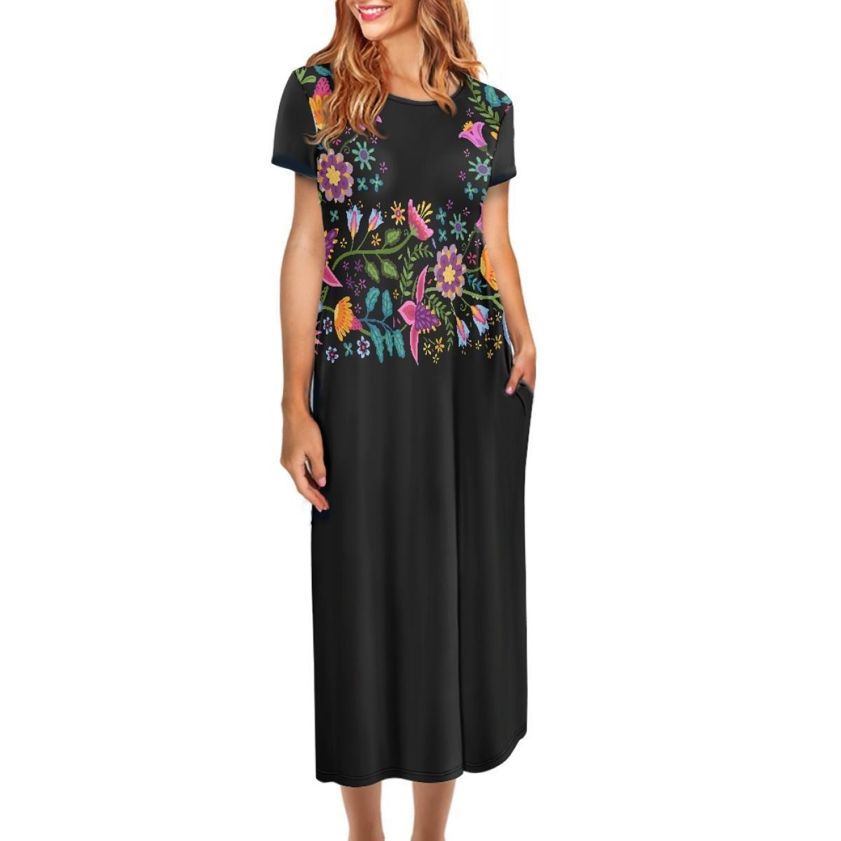 Women's Clothing Customized Mexican Ethnic Tribal Floral Vector Pattern Print Dress Round Neck Short Sleeve Long Dress Wholesale