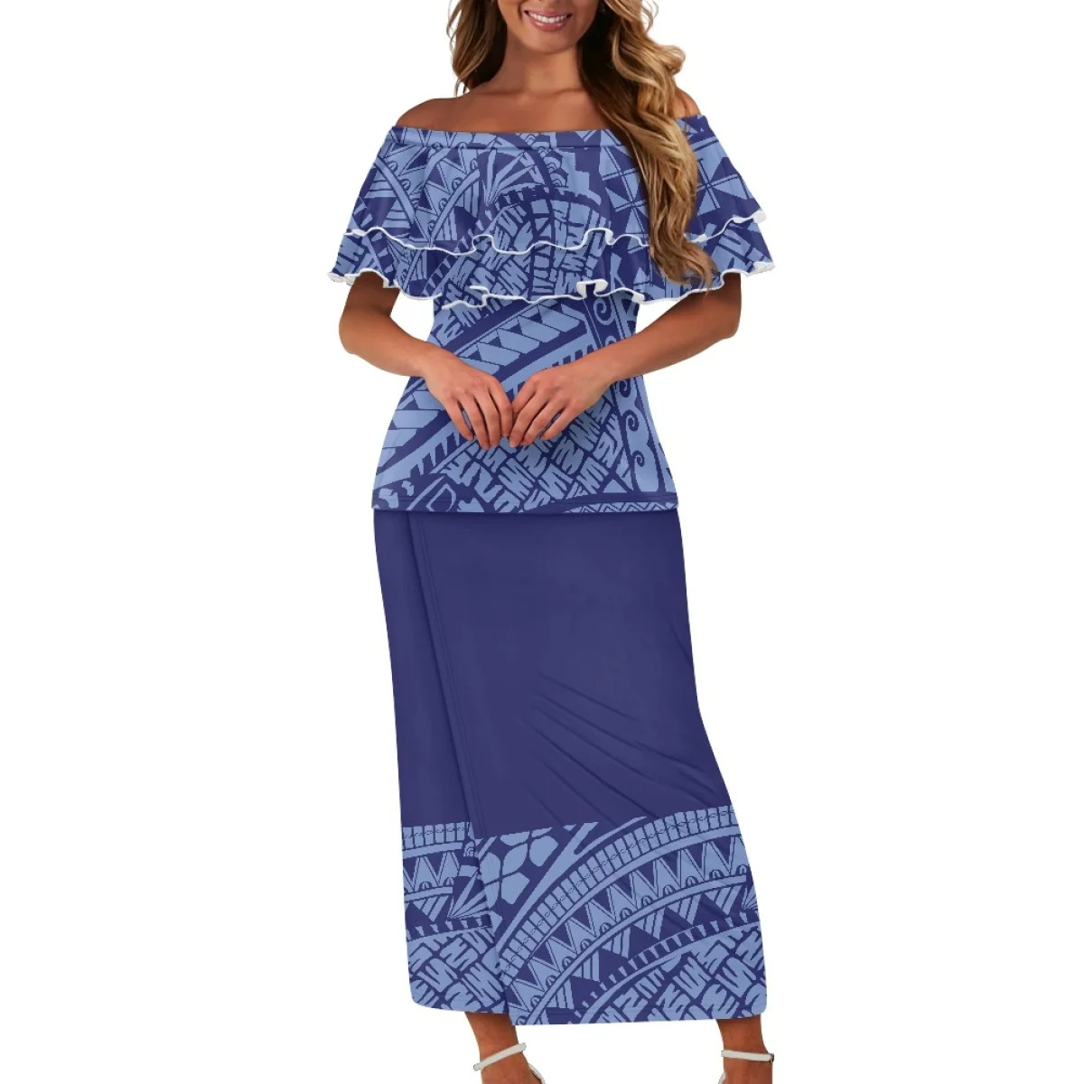 Summer Island Dresses for Women Puletasi Samoan Loose Dress Off-Shoulder Ruffle Style 2PCS Polynesian Tribal Clothing Wholesale