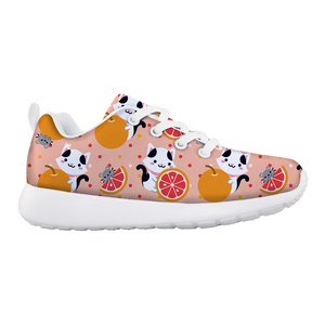 Cartoon Cat Fruit Print Mesh Sneakers for Kids Outdoor Travel Comfortable Breathable Sports Shoes Classic Lace Up Running Shoes