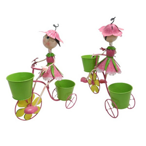 New Metal Bicycle Garden Ornament Wrought Iron Girl Decoration with Plant Stand Flower Pots & Planters