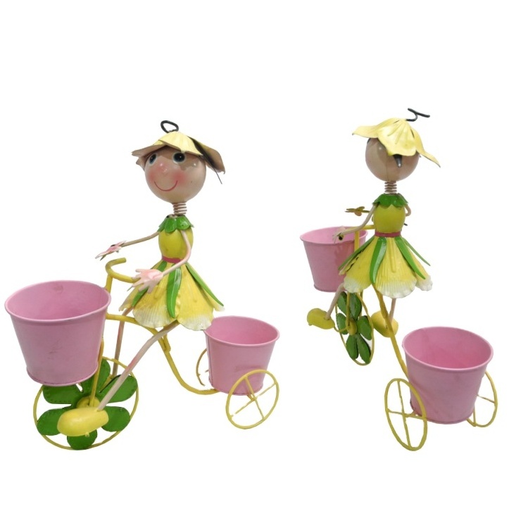 New Metal Bicycle Garden Ornament Wrought Iron Girl Decoration with Plant Stand Flower Pots & Planters