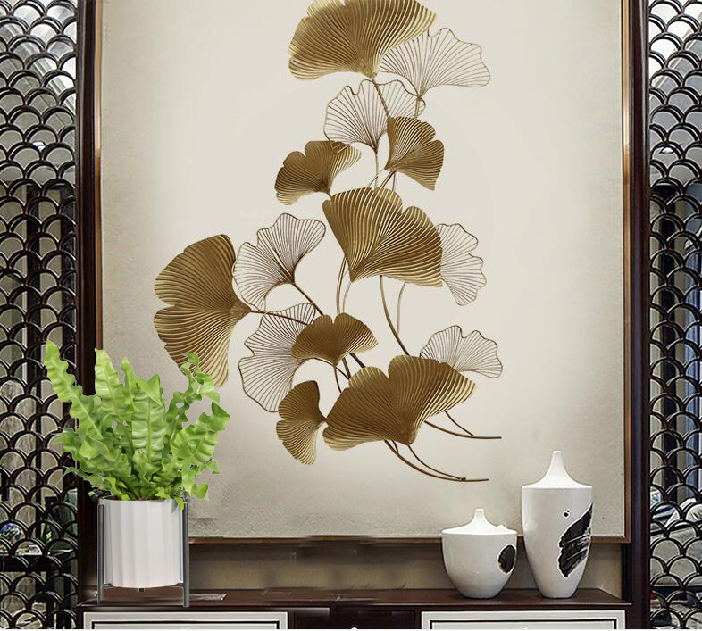 Home Metal Wall Decor Golden Ginkgo Leaf Wall Hanging Decor with Frame Golden  Art Wall Sculpture for Living Room, Office,