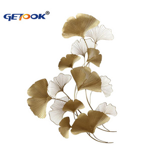 Home Metal Wall Decor Golden Ginkgo Leaf Wall Hanging Decor with Frame Golden  Art Wall Sculpture for Living Room, Office,