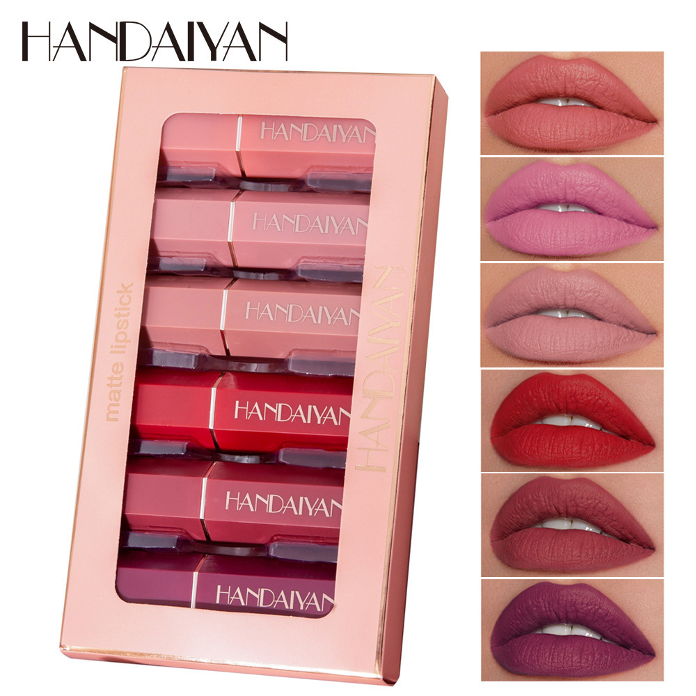 HANDAIYAN 6 Colors Simple Smooth Matte Lipstick Set Velvet Matte Makeup Lipstick Waterproof Pigment Long Lasting Lipstick