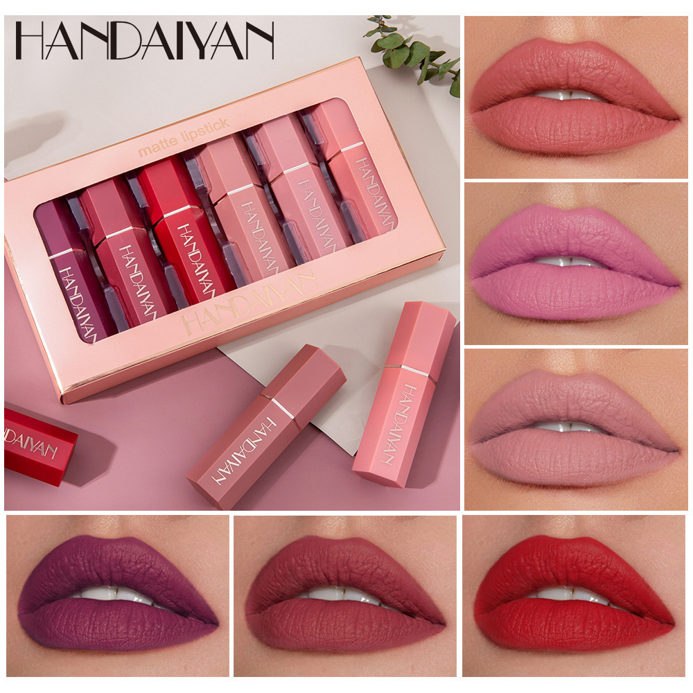 HANDAIYAN 6 Colors Simple Smooth Matte Lipstick Set Velvet Matte Makeup Lipstick Waterproof Pigment Long Lasting Lipstick