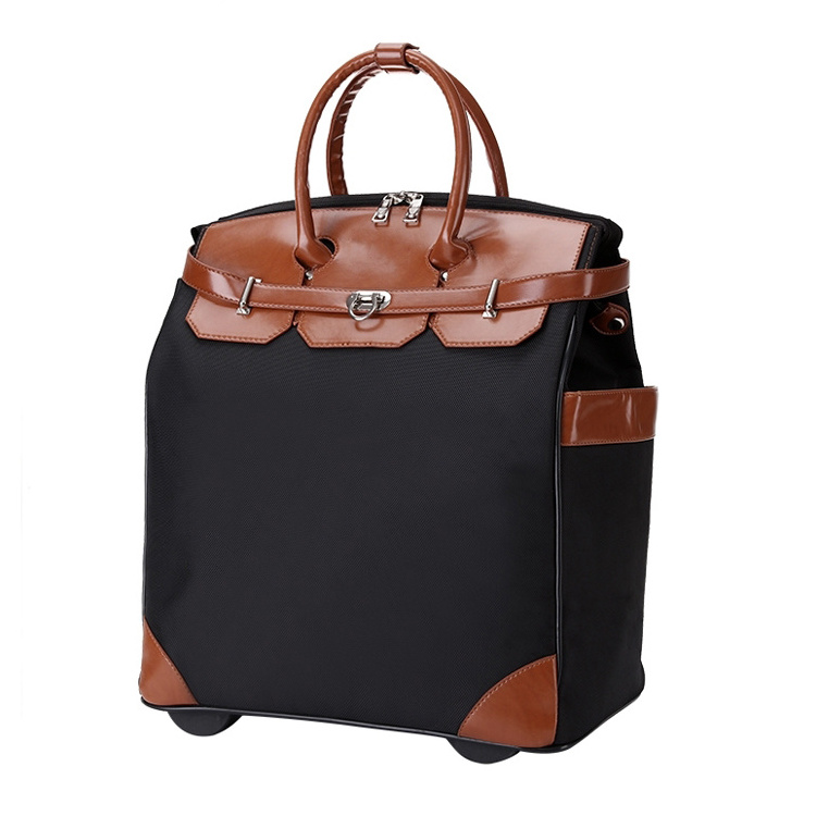 Large Capacity Oxford with Leather Rolling Tote Bag Women Luggage Suitcase On Wheel Travel Trolley Bag