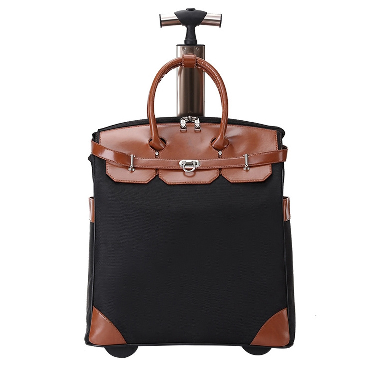 Large Capacity Oxford with Leather Rolling Tote Bag Women Luggage Suitcase On Wheel Travel Trolley Bag