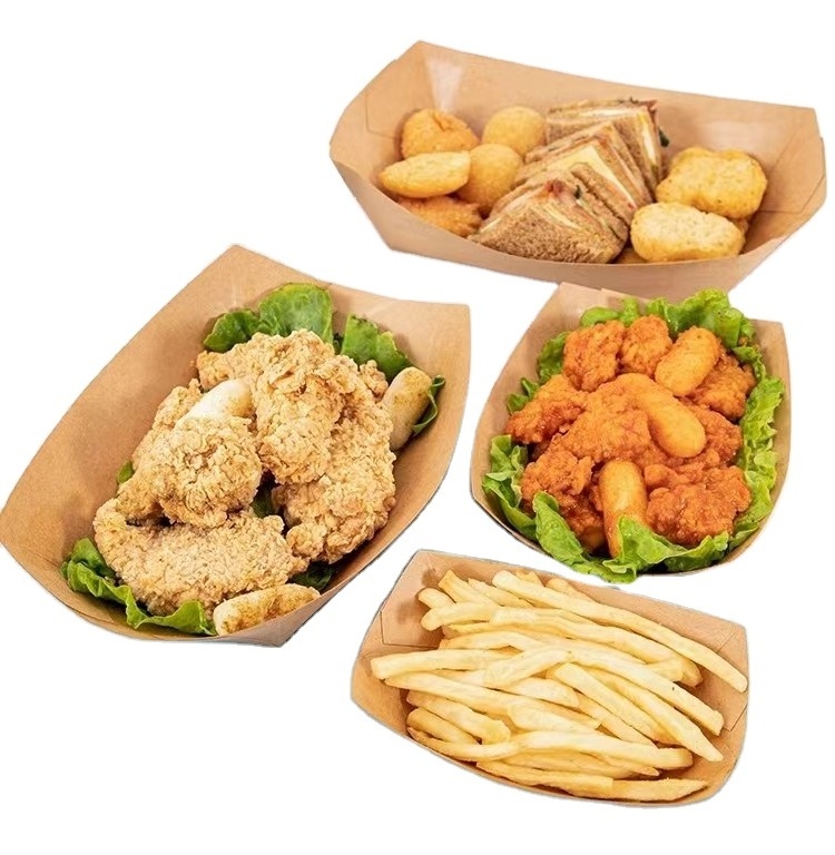 Custom paperboard kraft paper take away packaging box french fry boat for french fries hot dogs