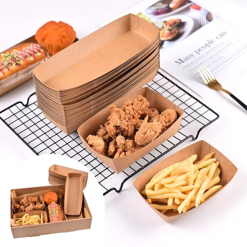 Custom paperboard kraft paper take away packaging box french fry boat for french fries hot dogs