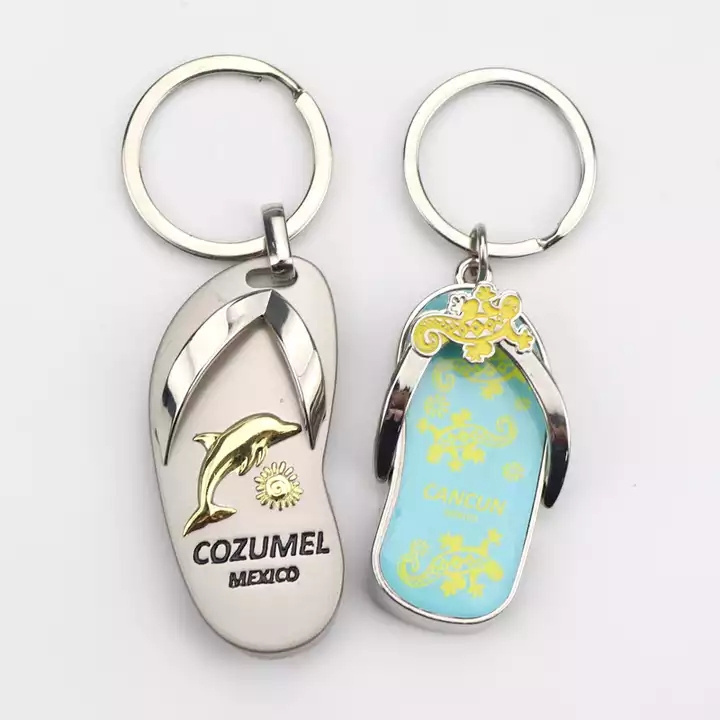 Promotional Custom Nickel Slipper Shaped Zinc Alloy Printed Paper with Epoxy Beer Metal Keychain