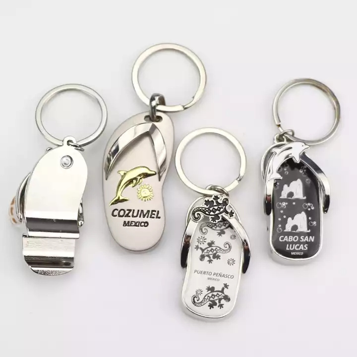 Promotional Custom Nickel Slipper Shaped Zinc Alloy Printed Paper with Epoxy Beer Metal Keychain