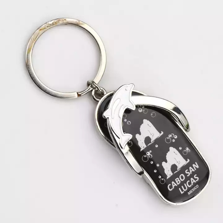 Promotional Custom Nickel Slipper Shaped Zinc Alloy Printed Paper with Epoxy Beer Metal Keychain