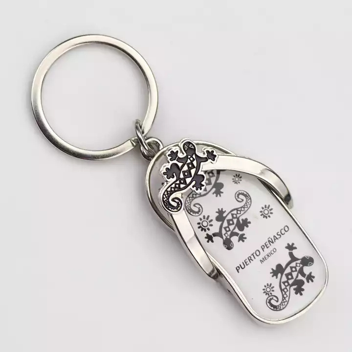 Promotional Custom Nickel Slipper Shaped Zinc Alloy Printed Paper with Epoxy Beer Metal Keychain