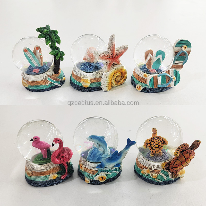 Tropical Beach Seaside Tourist Souvenir Resin Blue palm tree starfish shell pink dolphin Sea Turtle Figurine snow globe