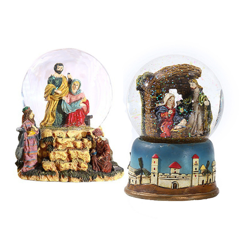 Custom Resin high quality baby jesus christmas nativity religious ornament light musical box rotation water ball snow globe