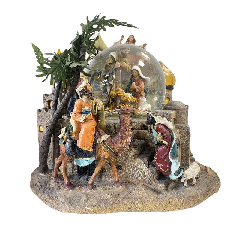 Custom Resin high quality baby jesus christmas nativity religious ornament light musical box rotation water ball snow globe