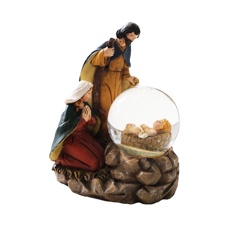 Custom Resin high quality baby jesus christmas nativity religious ornament light musical box rotation water ball snow globe