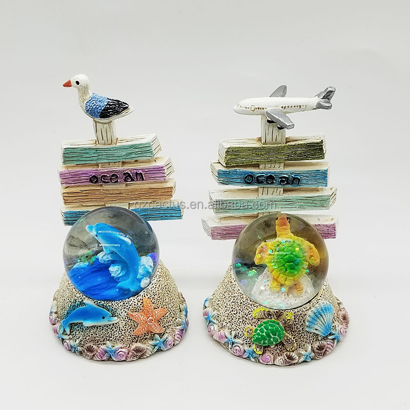 Tropical Beach Seaside Tourist Souvenir Resin Blue palm tree starfish shell pink dolphin Sea Turtle Figurine snow globe