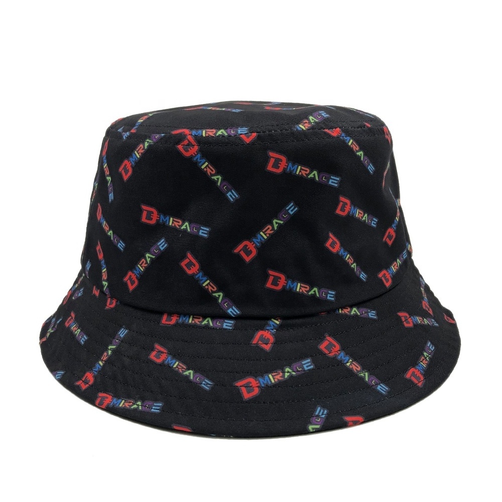 OEM summer fashion black polyester new designer women and men custom logo full print bucket hat